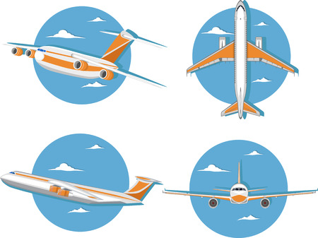 Aviation icon set with jet airplane in sky.のイラスト素材