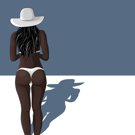Sexy young african girl in swimsuit and sun hatのイラスト素材