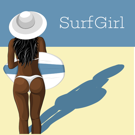Young african surfer girl in swimsuit with surfboard. Extreme summer water sports concept, healthy fit woman with sexy body, beach vacation, healthy lifestyle vector illustration.のイラスト素材