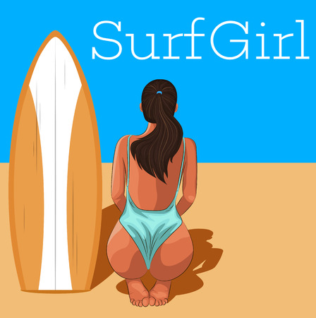Young surfer girl in swimsuit with surfboard. Extreme summer water sports concept, healthy fit woman with sexy body, beach vacation, healthy lifestyle vector illustration.のイラスト素材