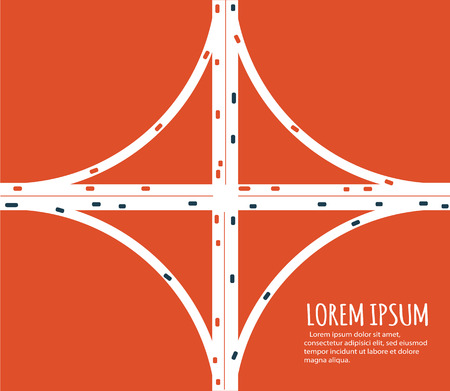 Busy highway road junction. Urban road traffic with cars top view. Overhead view of transport vector illustration. Minimalistic banner.のイラスト素材