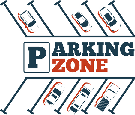 Parking zone poster in minimalist style. Top view parked cars in parking lot, outdoor auto park, free public parking, city transport services vector illustration.の写真素材