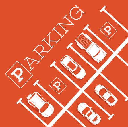 Parking zone poster in minimalist style. Top view parked cars in parking lot, outdoor auto park, free public parking, city transport services vector illustration.の写真素材