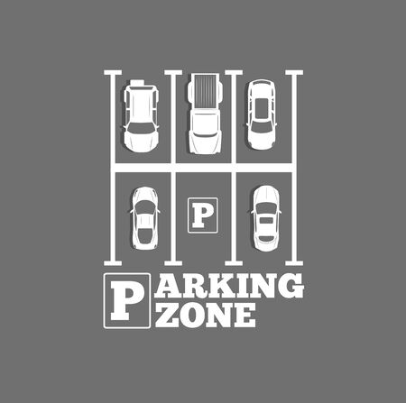 Parking zone poster in minimalist style. Top view parked cars in parking lot, outdoor auto park, free public parking, city transport services vector illustration.の写真素材