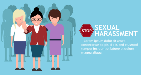 Sexual harassment poster with women. World social gender problem, womens right and sex discrimination vector illustration.のイラスト素材