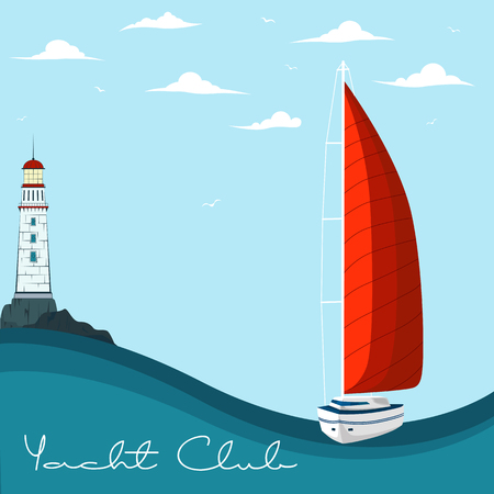 Blue sea with yacht and lighthouse on island, Marine nature landscape with sailboat, sea navigation, ocean regatta illustration.のイラスト素材