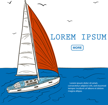Yacht race poster design with sail boat sketch. Luxury yacht vessel hand drawn vector illustration. Sea sailing regatta banner, nautical worldwide traveling.のイラスト素材