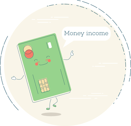 Money income trendy concept in line art style. Banking and finance, e-commerce service sign, business technology, retail and shopping symbol. Credit card funny character vector illustration.のイラスト素材