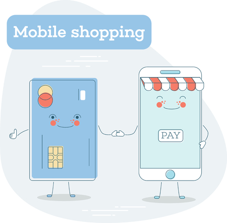 Mobile shopping trendy concept in line art style. Banking and finance, e-commerce service, business technology, retail and distribution. Credit card and smartphone funny characters vector illustration.のイラスト素材