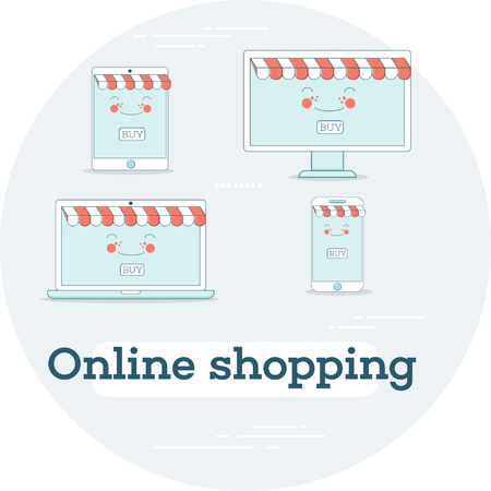 Mobile shopping trendy concept in line art style. E-commerce service, business technology, retail and distribution. Smartphone, laptop, tablet pc and monitor funny characters vector illustration.のイラスト素材