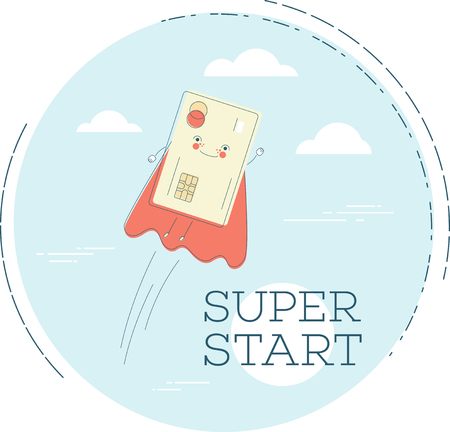 Super start trendy concept in line art style. Banking and finance, e-commerce service sign, business technology, retail and shopping symbol. Credit card in red cloak funny character vector illustration.のイラスト素材