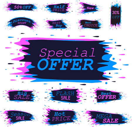 Advertising stickers with spray paint effect. Promotional label with space for text. Supermarket discount proposition. Hot price, mega sale, special offer, best buy vector illustrationのイラスト素材