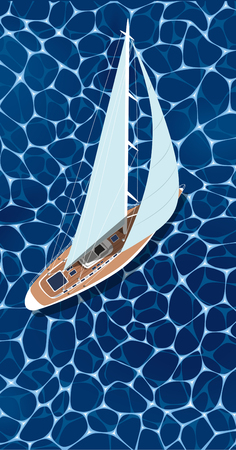 Sailing ship vertical flyer with space for text. Top view sail boat on deep blue sea water. Luxury yacht race, ocean sailing regatta vector. Nautical worldwide yachting or traveling. Sailing boatのイラスト素材