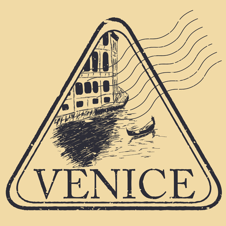 Venice, Italy isolated postage stamp. Venezia architecture with gondola vector illustration. Vintage engraved postmark.のイラスト素材
