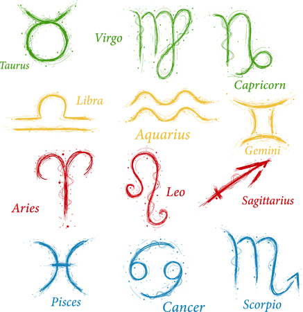 Aries, Taurus, Leo, Gemini, Virgo, Scorpio, Libra, Aquarius, Sagittarius, Pisces, Capricorn, Cancer vectors isolated on white background. Astrology sign collection of 12 hand drawn zodiac iconsのイラスト素材