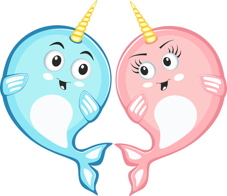 Narwhal couple in love characters in cartoon style. Funny romantic animals. Arctic sea mammal personages isolated on white background vector illustrationのイラスト素材