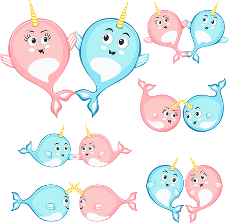 Narwhal couple in love characters in cartoon style. Funny romantic animals. Arctic sea mammal personages isolated on white background vector illustrationのイラスト素材