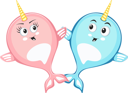 Narwhal couple in love characters in cartoon style. Funny romantic animals. Arctic sea mammal personages isolated on white background vector illustrationのイラスト素材