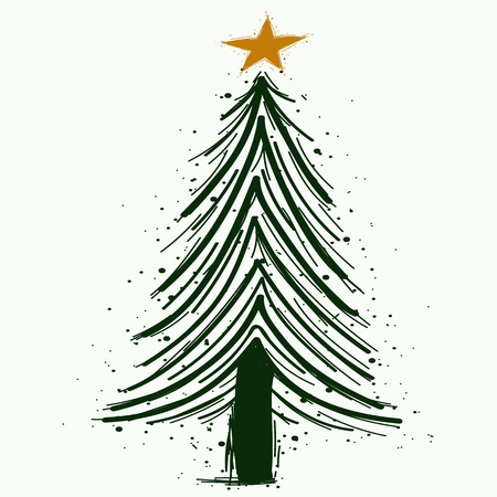 Handwritten christmas tree symbol . Fir tree sketch isolated on white background vector illustrationのイラスト素材