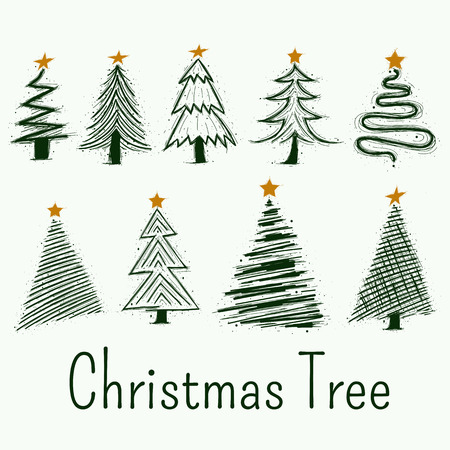Handwritten christmas tree symbols set. Fir tree sketch isolated on white background vector illustrationのイラスト素材