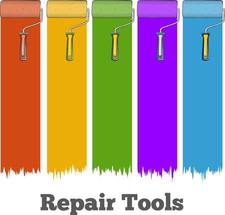 Colorful banners with paint roller. Building and renovation advertising. Repair tools concept with space for text. Hand drawn vector illustration.のイラスト素材