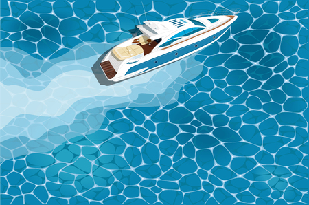 Top view speed boat on water poster. Luxury yacht race, sea regatta poster vector illustration. Nautical worldwide yachting or speedboat tour promotion layout.のイラスト素材