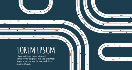 Busy highway road junction. Urban road traffic with cars top view. Overhead view of transport vector illustration. Minimalistic banner.のイラスト素材