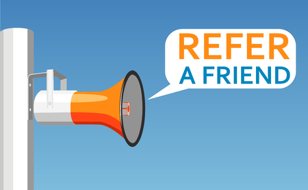 Refer a friend banner with megaphone. Referral program announcement. Social media vector illustration.の素材 [FY310123745354]