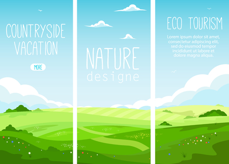 Ecotourism and countryside vacation. Rural landscape with green hills and blue sky in cartoon style. Beautiful summer meadow. Spring farmland background vector illustrationのイラスト素材