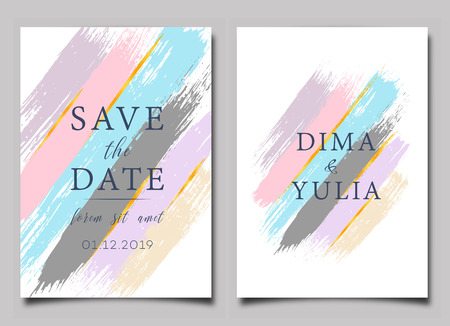 Wedding invitation or anniversary card templates with brush strokes. Creative greeting card design vector illustration. Hand drawn artistic textured background.のイラスト素材