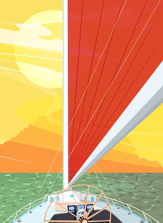 Sailing ship with red sail at sunrise. View from sailboat captain cabin. Cloudy sky and deep blue sea water. Luxury yacht race, ocean sailing regatta vector. Nautical worldwide yachting and traveling.のイラスト素材