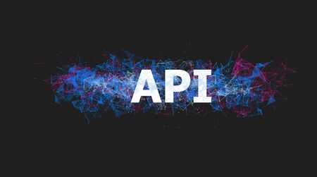 API application programming interface banner with colorful plexus design. Software technology illustration. Online courses of coding poster. Website development, front end engineering design.の写真素材