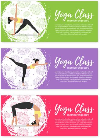 Yoga class horizontal flyers in flat style. Attractive girl in sportswear practicing yoga. Healthy lifestyle, calmness and meditation vector illustration. Harmonize yourself at studio ethnic design.のイラスト素材