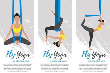 Beautiful girl wearing sportwear doing fly yoga stretching exercises. Anti-gravity relaxing and practices aerial yoga flyers set. Sport healthy lifestyle and fitness training vector illustration.のイラスト素材