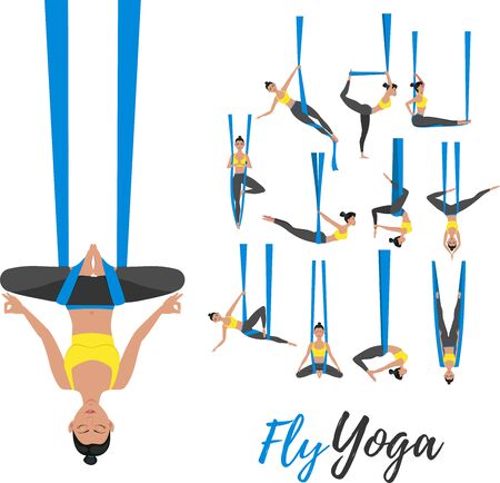 Beautiful girl wearing sportswear doing fly yoga stretching exercises. Anti-gravity relaxing and practices aerial yoga. Sport healthy lifestyle and fitness training vector illustration.のイラスト素材