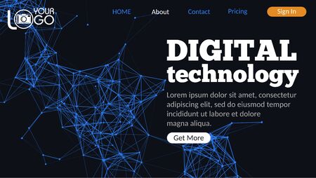 Digital technology landing page with plexus elements. Geometric design with lines, dots and triangles on dark background. Futuristic digital web design with UI UX elements. Colorful abstractのイラスト素材