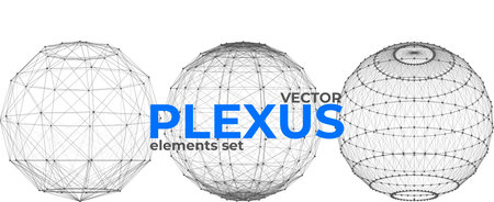 Abstract spherical plexus design elements set. Geometric structures from dots and lines. Polygonal plexus elements isolated on white background.のイラスト素材