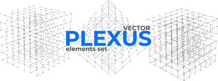 Abstract plexus design elements set. Geometric structures from dots and lines. Polygonal plexus elements isolated on white background.のイラスト素材
