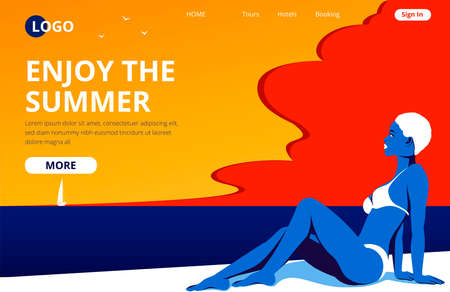 Enjoy the summer landing page template. Summertime beach vacation banner with a sunbathing girl. Beautiful woman in swimwear pop art style vector illustration. Travel agency or tour operator concept.のイラスト素材