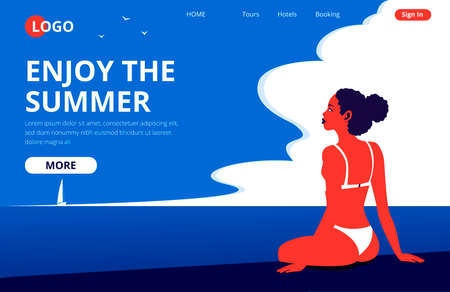 Enjoy the summer landing page template. Summertime beach vacation banner with a sunbathing girl. Beautiful woman in swimwear pop art style vector illustration. Travel agency or tour operator concept.のイラスト素材