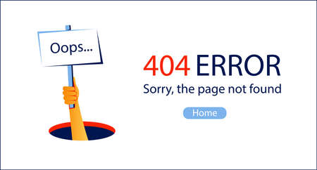 Oops ... 404 error website template. Human hand shows from hole a message about 404 Error. Page not found message. Vector illustration for web and UI design in flat style.のイラスト素材