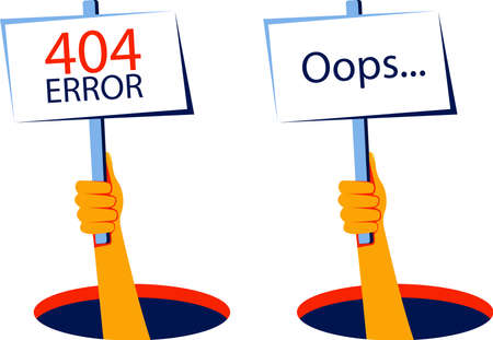 Oops ... 404 error website template. Human hand shows from hole a message about 404 Error. Page not found message. Vector illustration for web and UI design in flat style.のイラスト素材