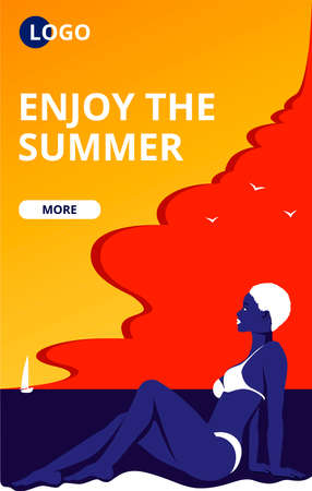 Summertime beach vacation poster with a sunbathing girl.のイラスト素材