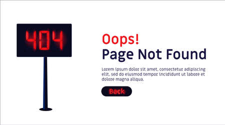 Oops, 404 error, page not found website template. Signboard with 404 red neon numbers. Vector illustration for web and UI design in flat style. Landing page designのイラスト素材
