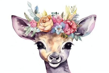 Little reindeer with a wreath of flowers. AI generated illustrationの素材