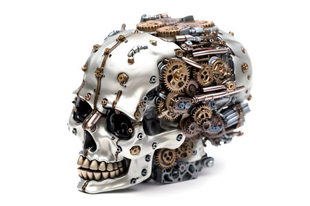 Steel skull with gears. AI generated illustrationの素材