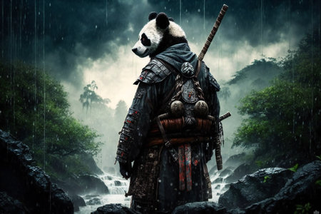 Panda samurai in mountain landscape, AI generated illustrationの素材