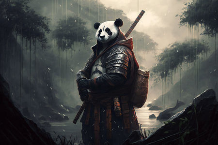 Panda samurai in mountain landscape, AI generated illustrationの素材