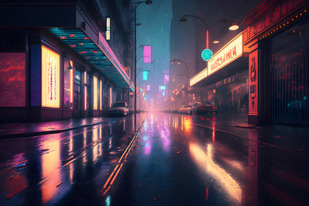 Night city alleyway cyberpunk illustration. Neon lights in the night city, a modern metropolis in the future. AI generated illustrationの素材