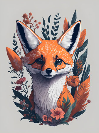 Fox fennec head with flowers. Funny fox, retro floral t-shirt design isolated on white background. AI generated illustrationの素材
